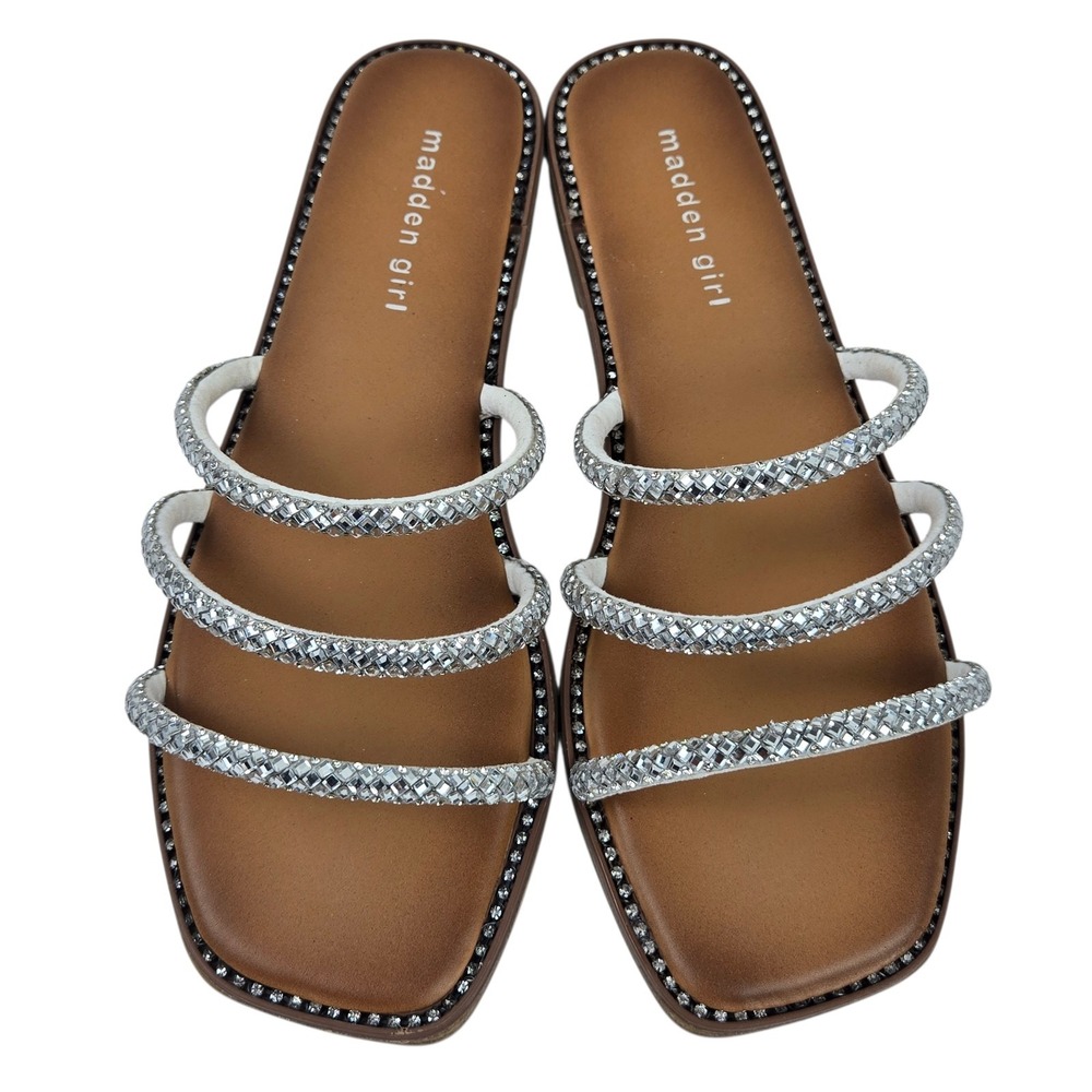 Madden Girl Palmerr Flat Slip On Sandal Blingy Rhinestone Straps Sz 8.5 Worn 1X